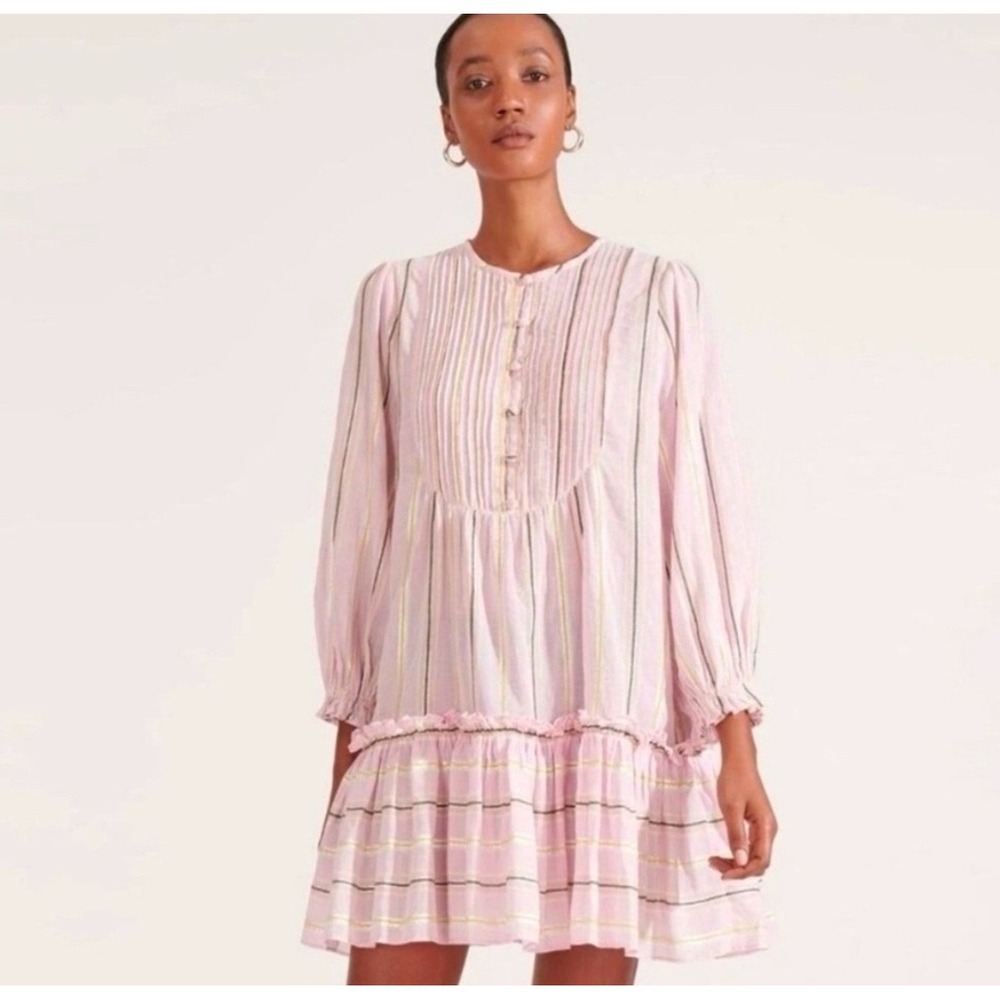Veronica Beard Tibbet Cover Up Mini Dress Pink Metallic Stripe Tiered Ruffle L‎